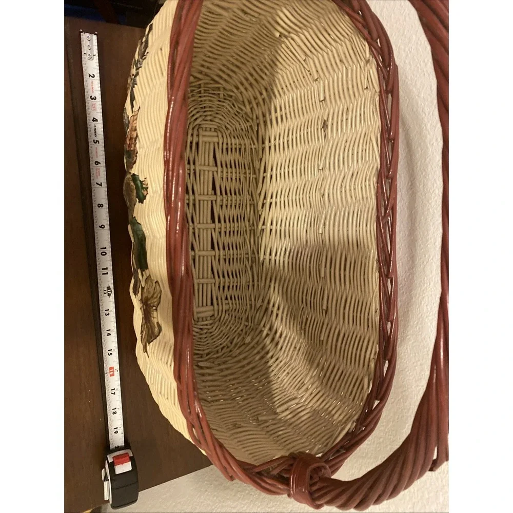 Vintage Woven Wicker Rattan Basket Featuring Prominent Floral And Bird Designs
